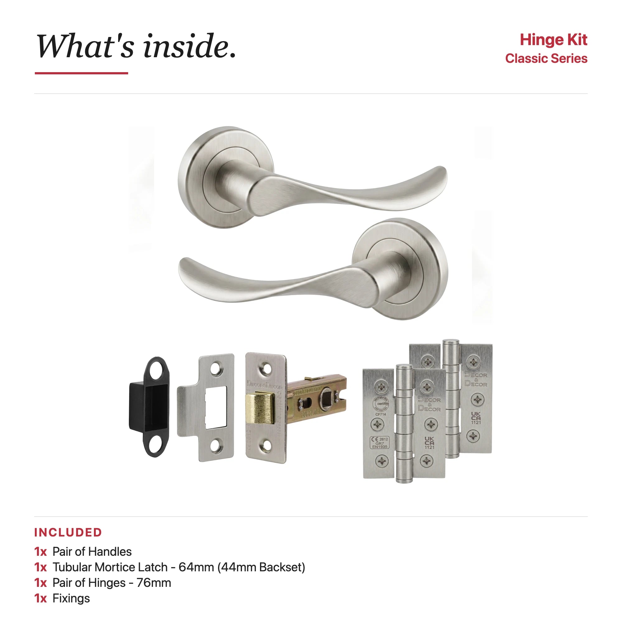 Nimbus Satin Nickel Door Lever Handles- Latch And Hinge Set – showing what's included in the box
