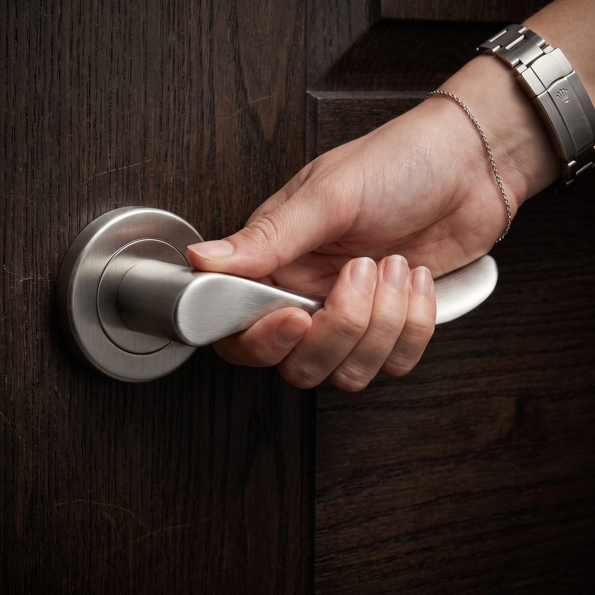 Nimbus Satin Nickel Privacy Door Lever Handles – held in hand to show the size and finish