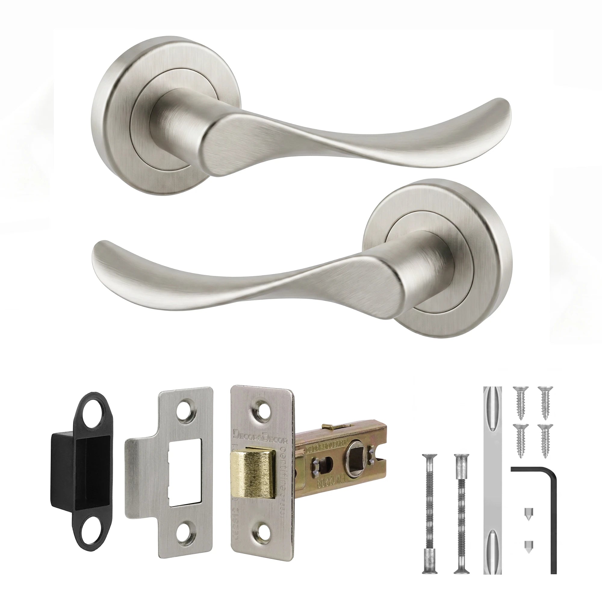 Nimbus Satin Nickel Passage Door Lever Handles - Latch Kit Set