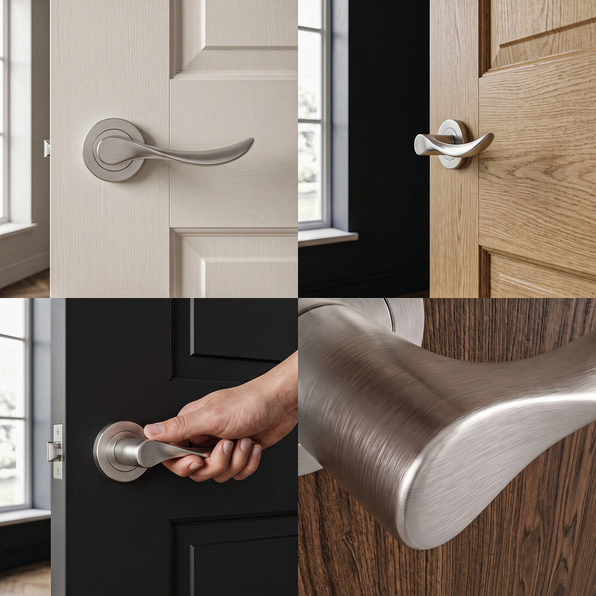 Nimbus Satin Nickel Privacy Door Lever Handles – fitted on an interior door in a styled room setting