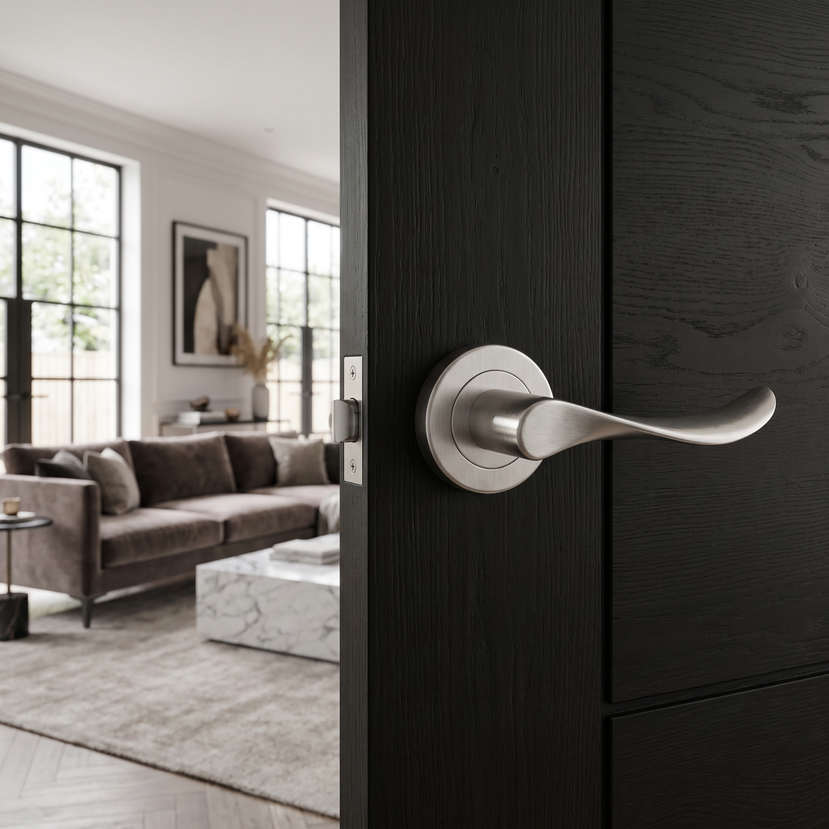 Nimbus Satin Nickel Bathroom Door Lever Handles – fitted on an interior door in a styled room setting 2