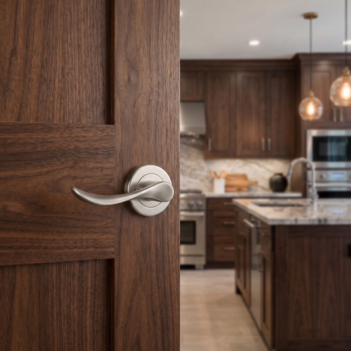 Nimbus Satin Nickel Privacy Door Lever Handles – fitted on an interior door in a styled room setting 3