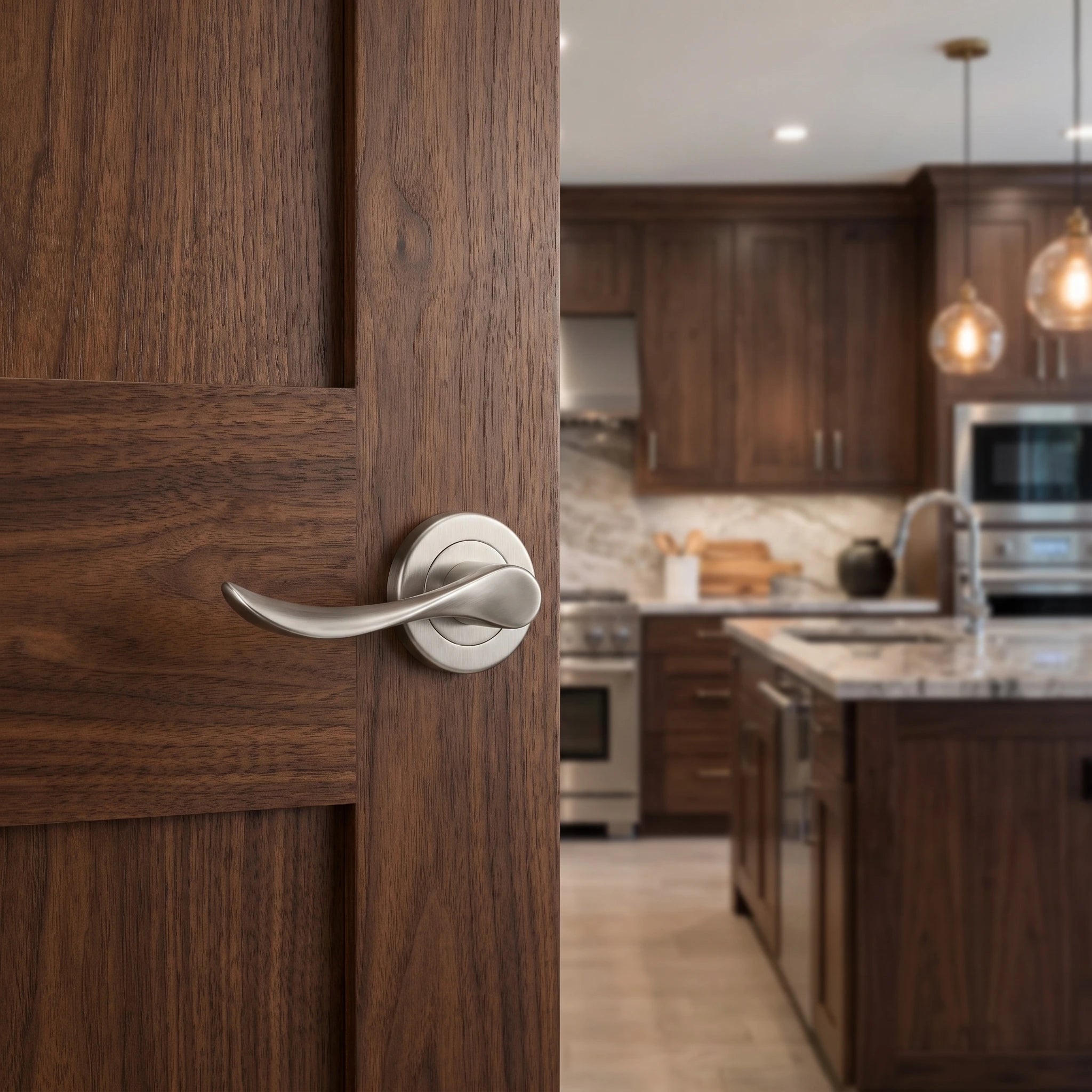 Nimbus Satin Nickel Bathroom Door Lever Handles- Bathroom Kit Set – fitted on an interior door in a styled room setting 3
