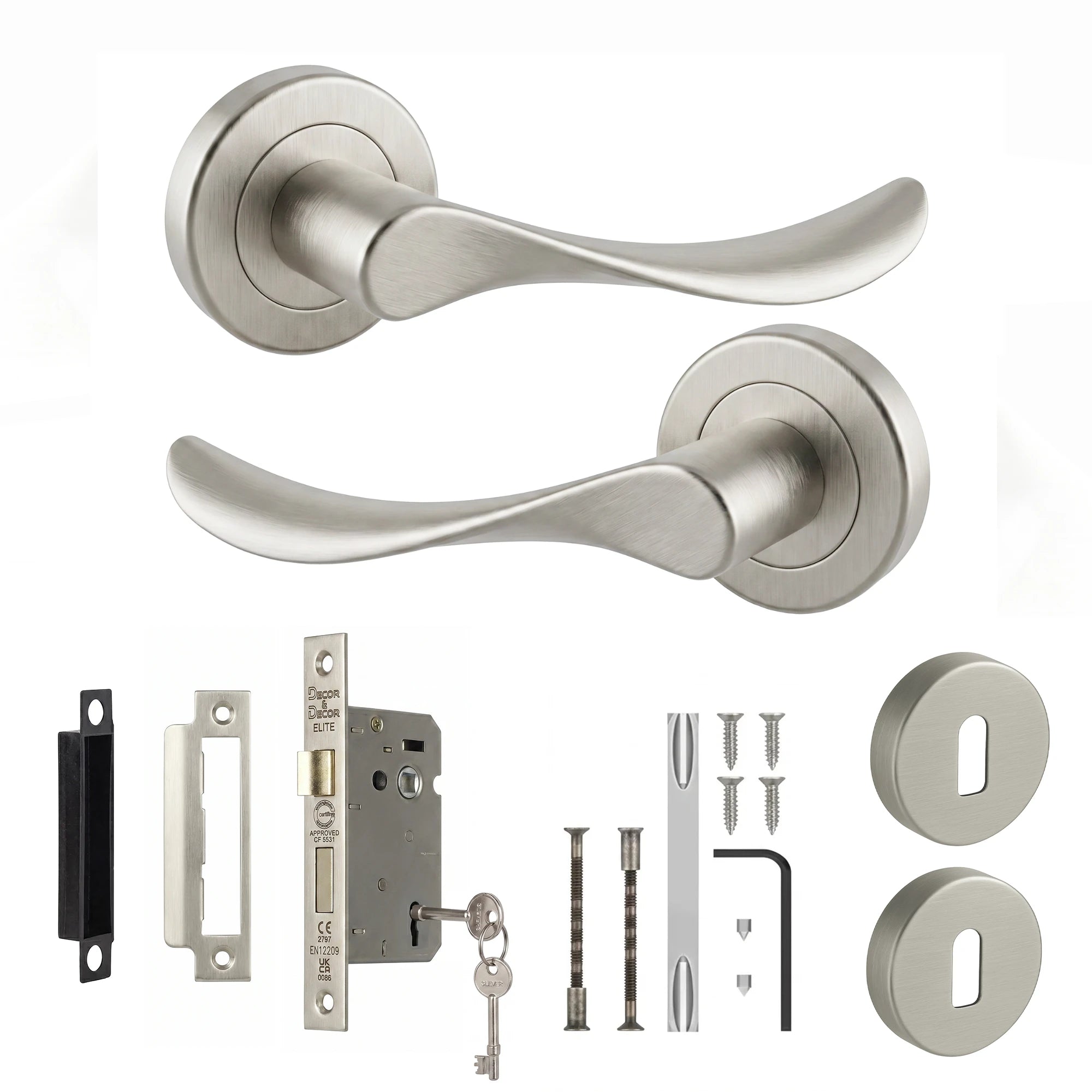 Nimbus Satin Nickel Privacy Door Lever Handles - Sash Lock Kit Set