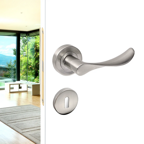 Nimbus Satin Nickel Privacy Door Lever Handles - Sash Lock Kit Set - Decor And Decor