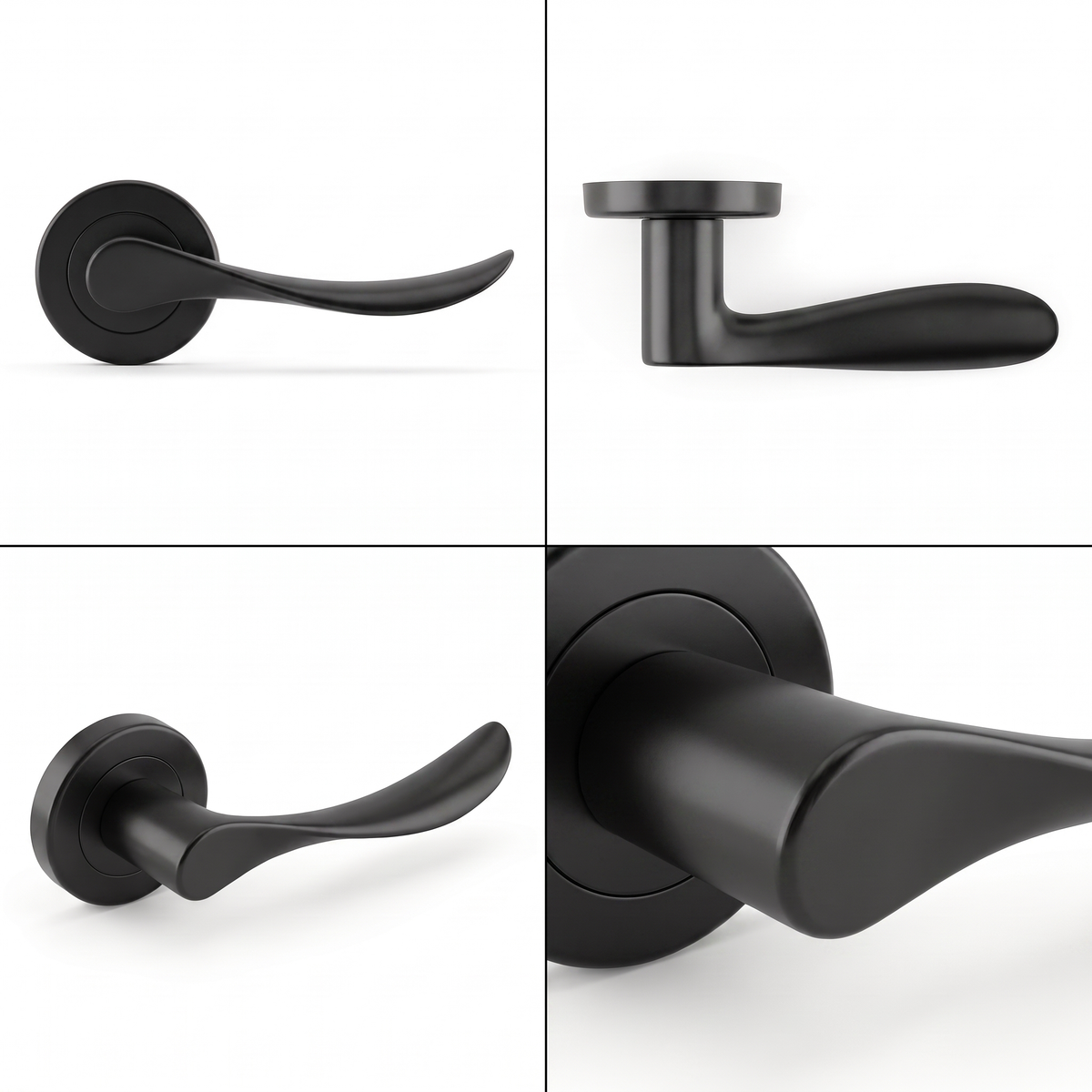 Nimbus Matt Black Door Lever Handles – shown from multiple angles
