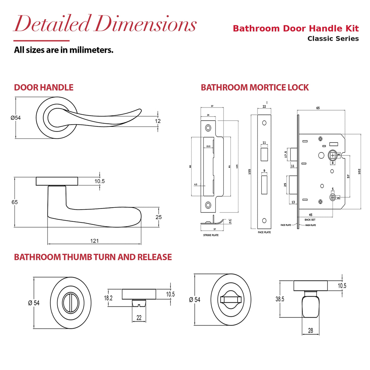 Nimbus Matt Black Bathroom Door Lever Handles – dimensions and measurements diagram