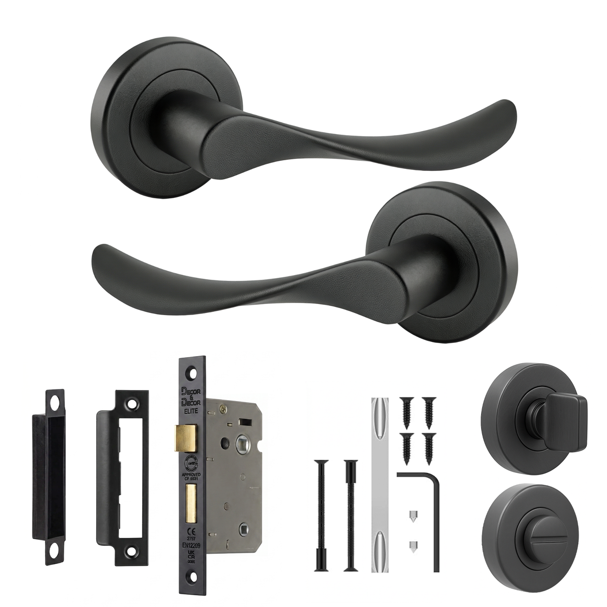 Nimbus Matt Black Bathroom Door Lever Handles - Bathroom Kit 76mm