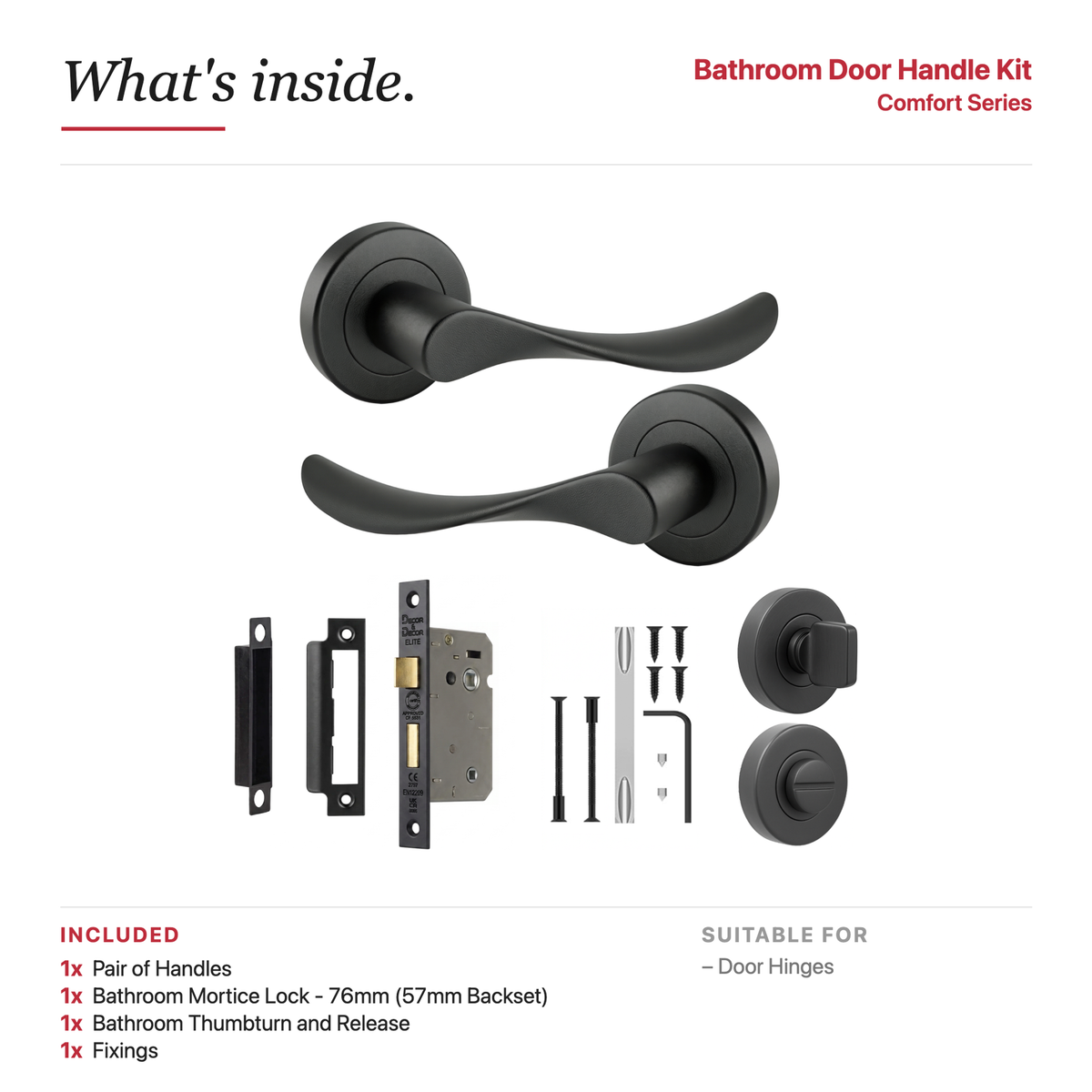 Nimbus Matt Black Bathroom Door Lever Handles – showing what's included in the box