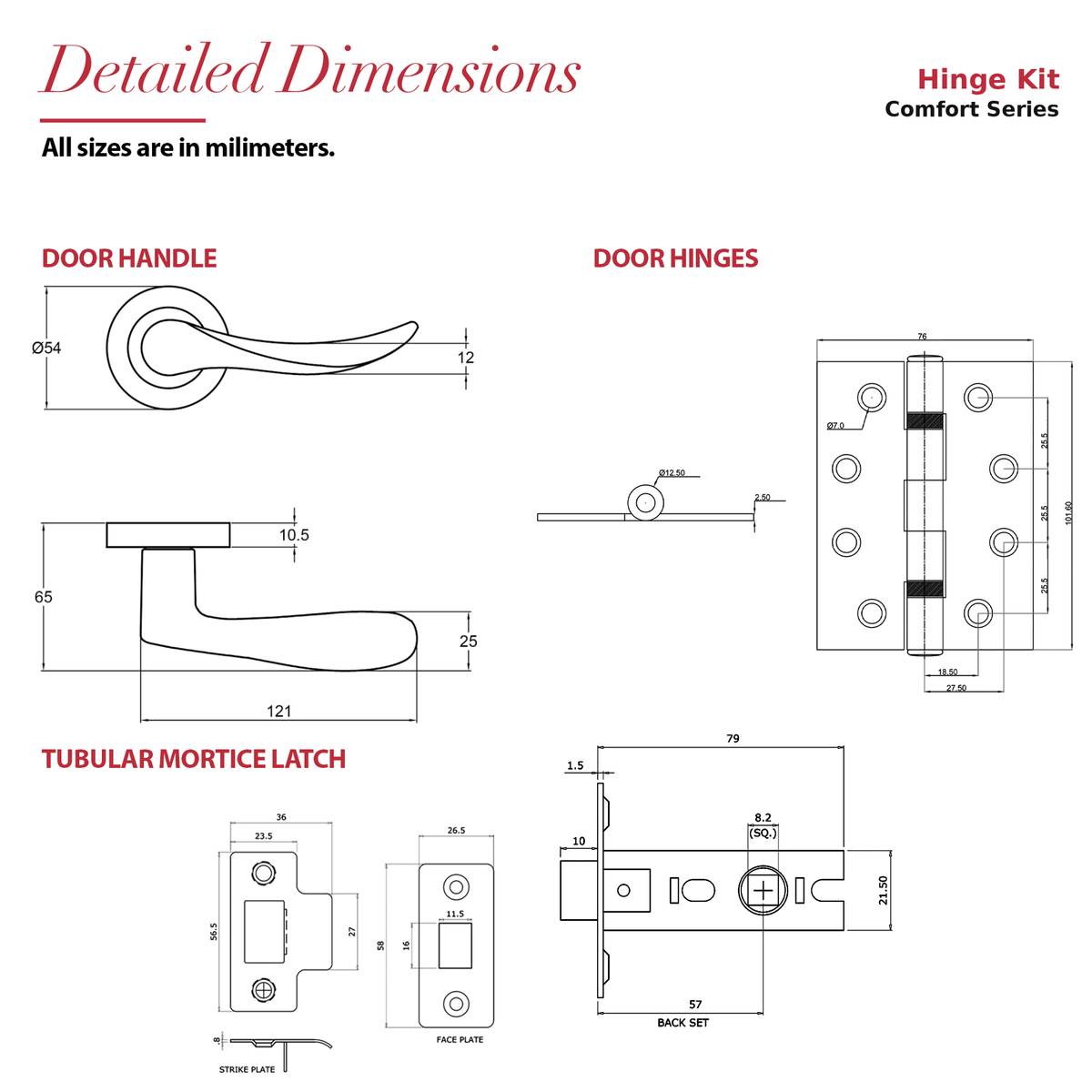 Nimbus Matt Black Passage Door Lever Handles – dimensions and measurements diagram