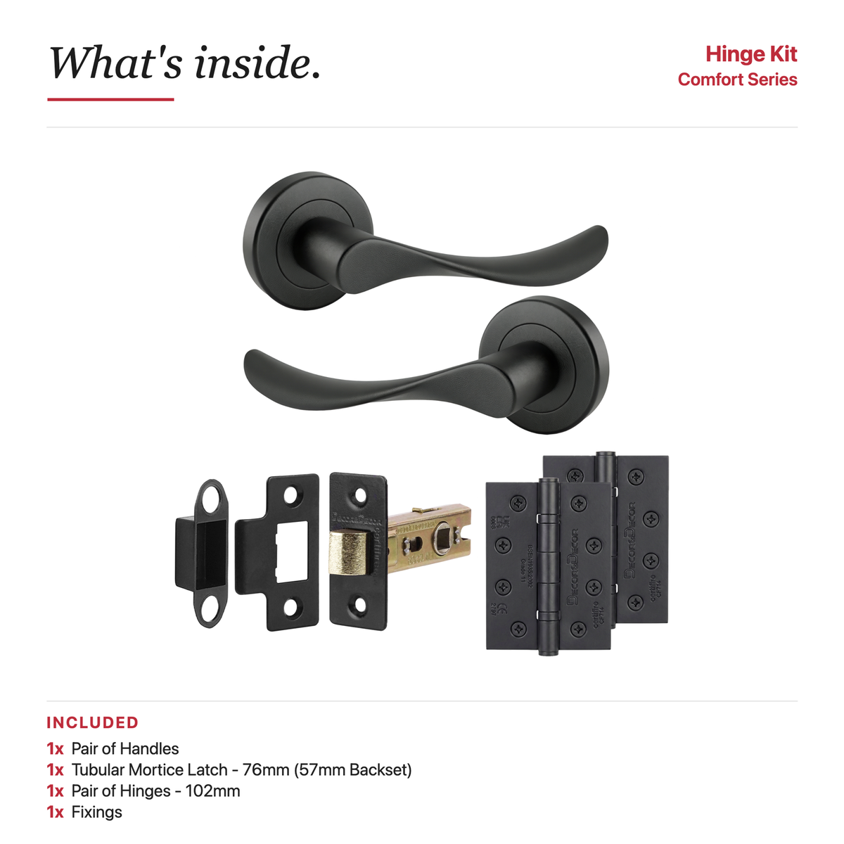 Nimbus Matt Black Passage Door Lever Handles – showing what's included in the box