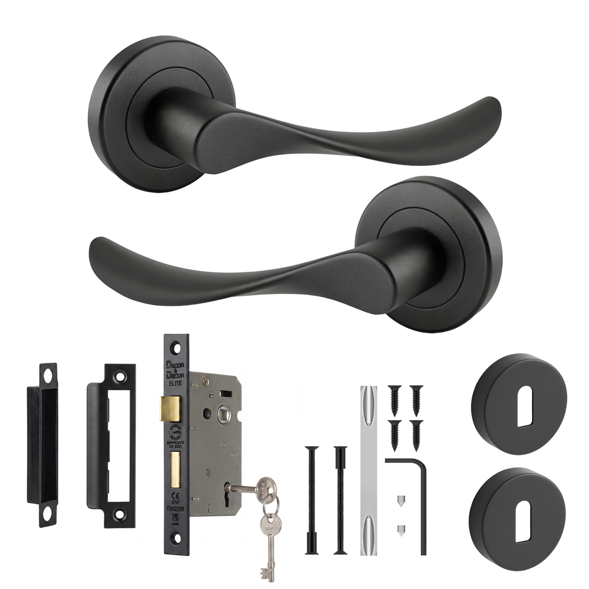 Nimbus Matt Black Privacy Door Lever Handles - Sash Lock Kit 76mm