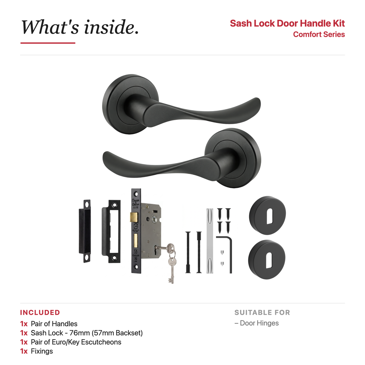Nimbus Matt Black Privacy Door Lever Handles – showing what's included in the box