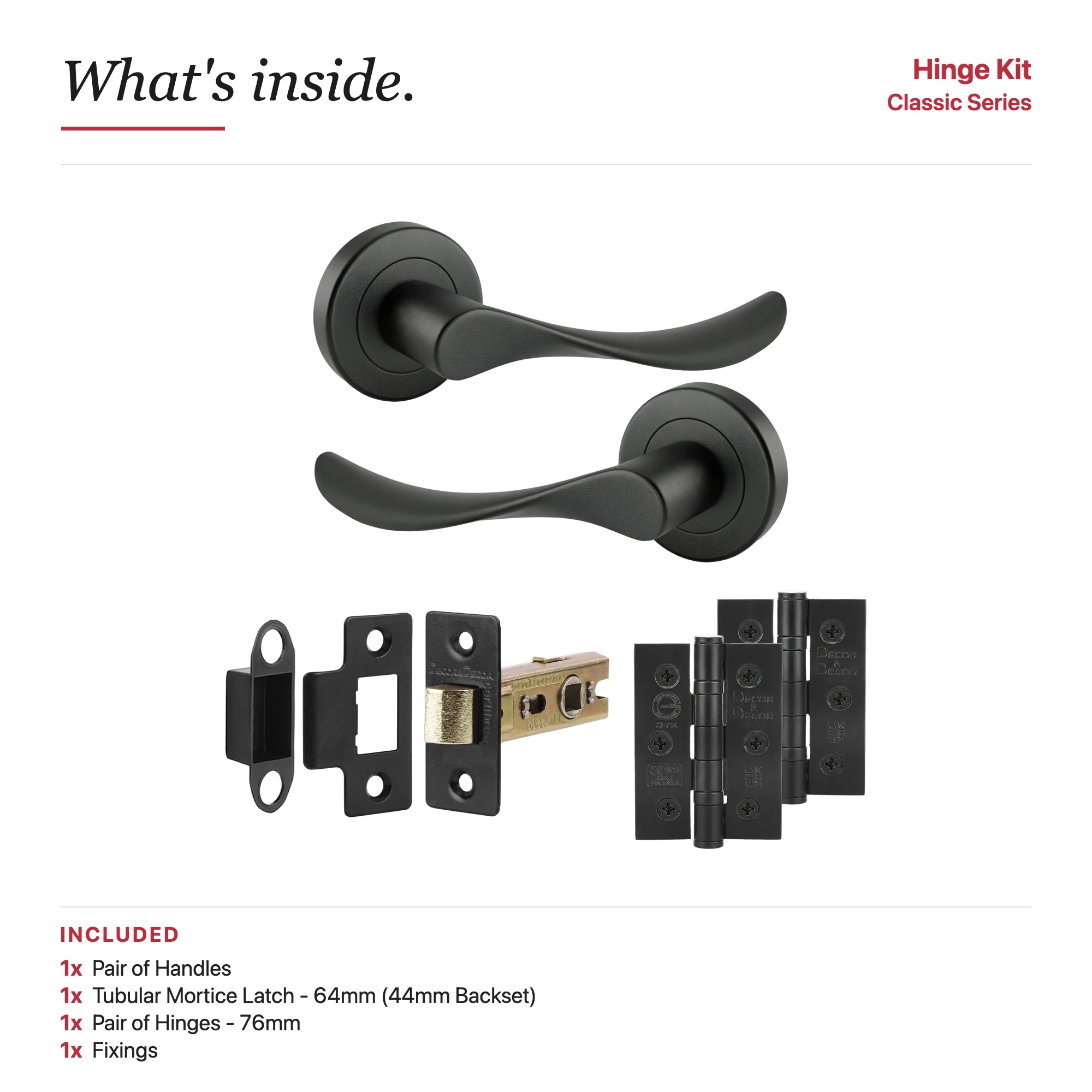 Nimbus Matt Black Door Lever Handles- Latch And Hinge Set – showing what's included in the box