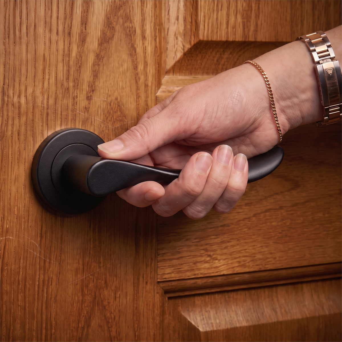 Nimbus Matt Black Bathroom Door Lever Handles – held in hand to show the size and finish