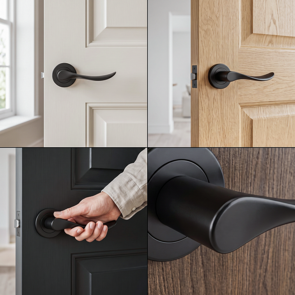 Nimbus Matt Black Passage Door Lever Handles – fitted on an interior door in a styled room setting