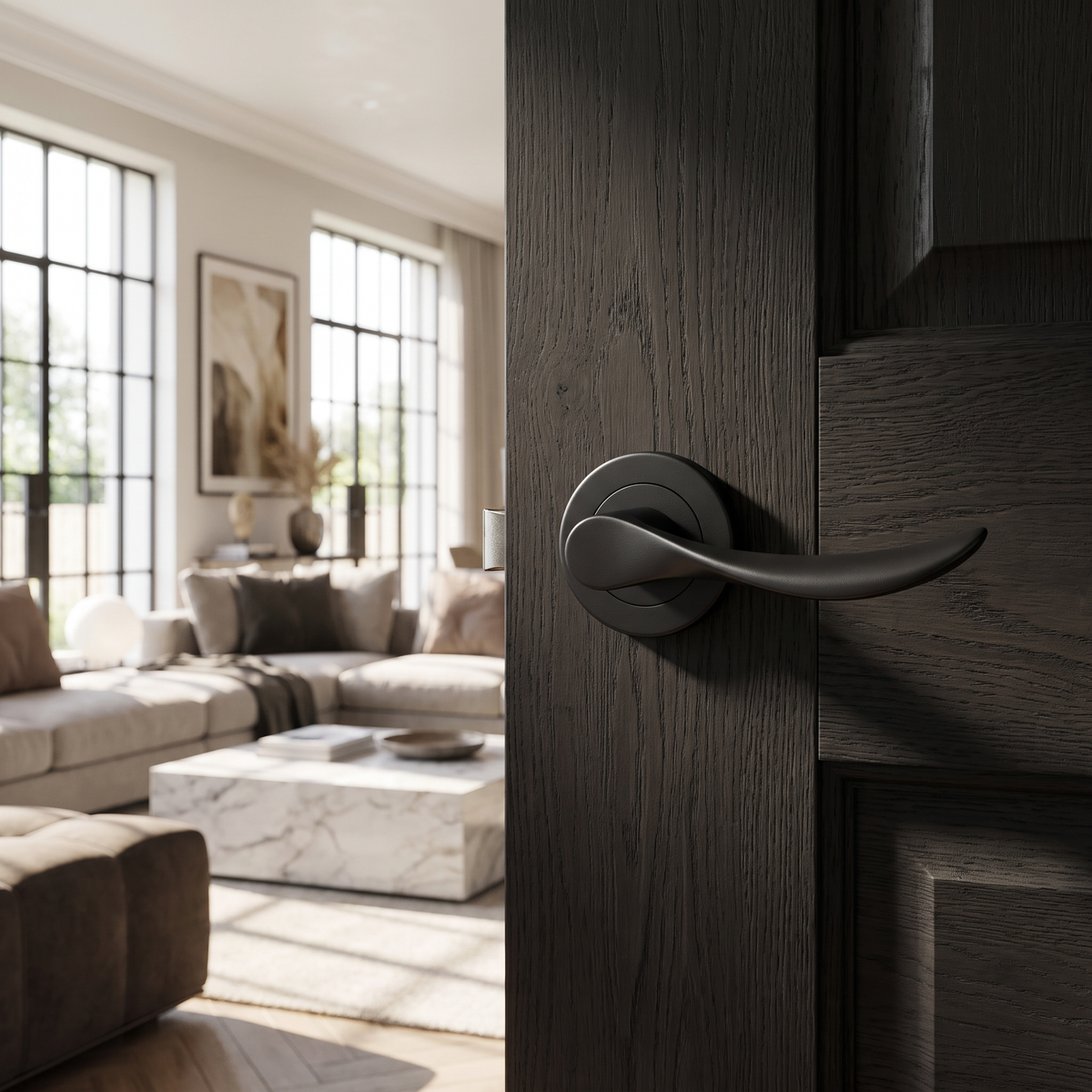Nimbus Matt Black Door Lever Handles – fitted on an interior door in a styled room setting 2