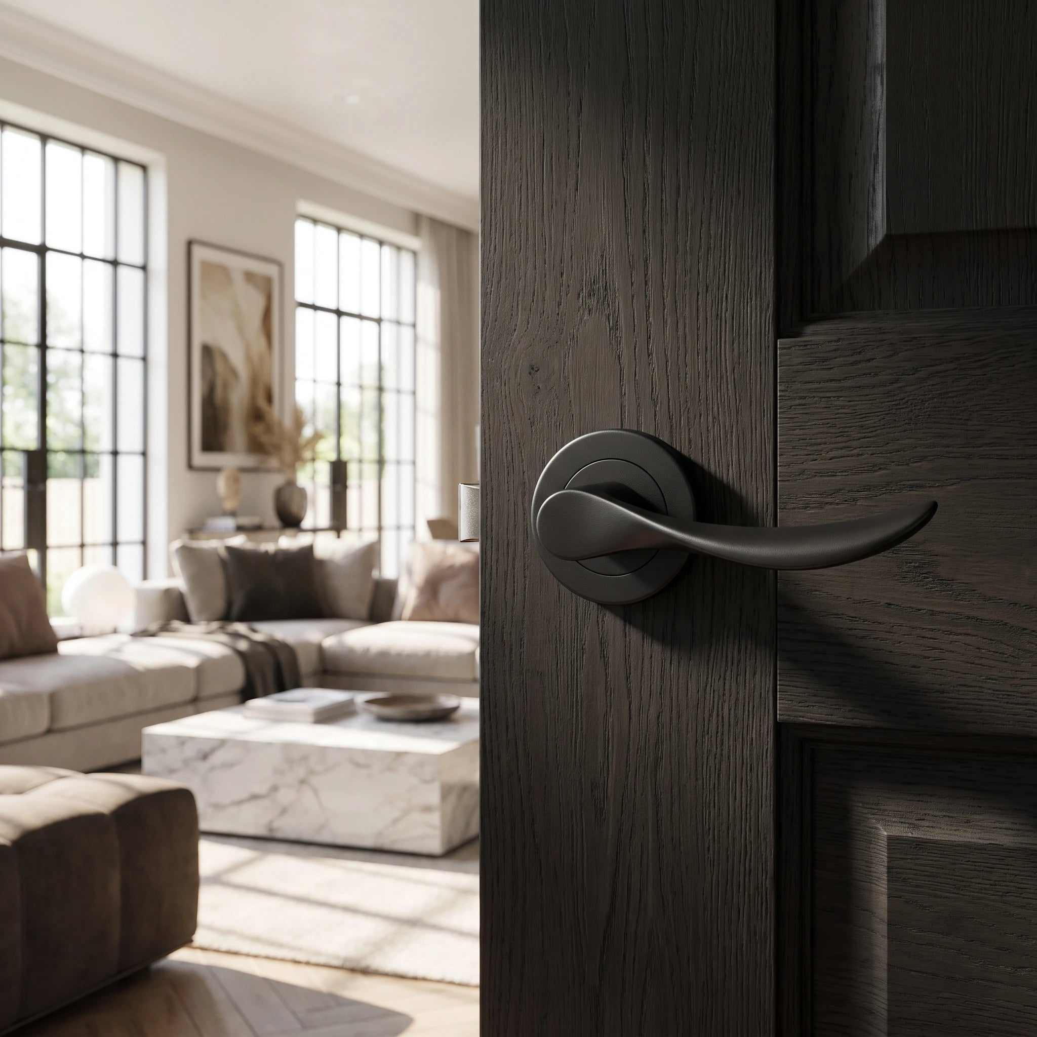 Nimbus Matt Black Passage Door Lever Handles – fitted on an interior door in a styled room setting 2