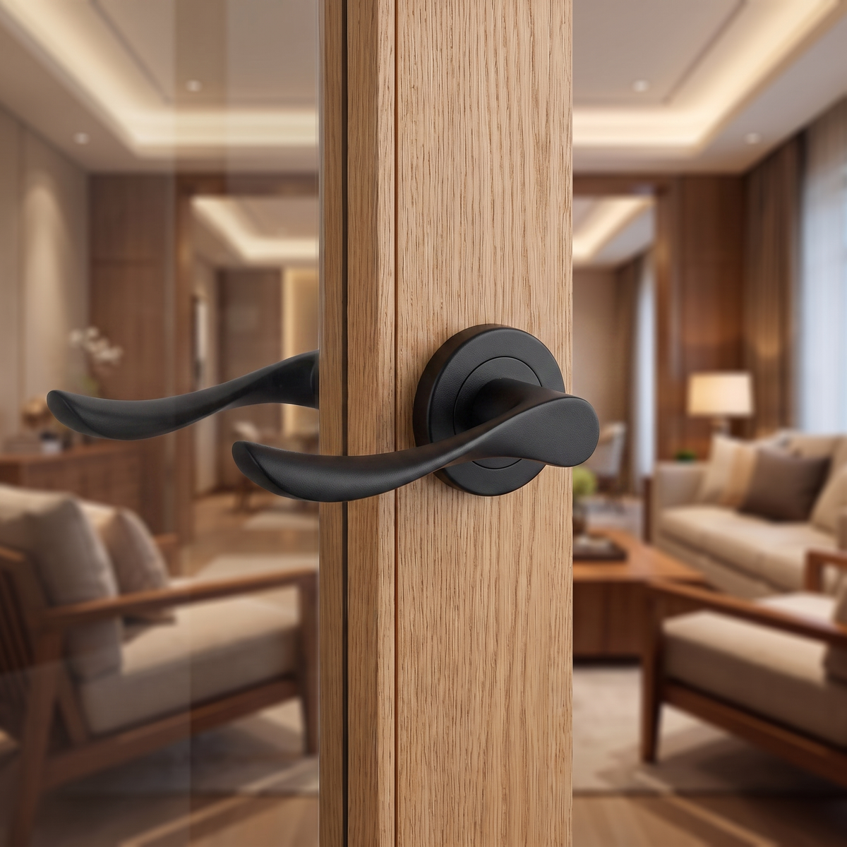 Nimbus Matt Black Door Lever Handles – fitted on an interior door in a styled room setting 3