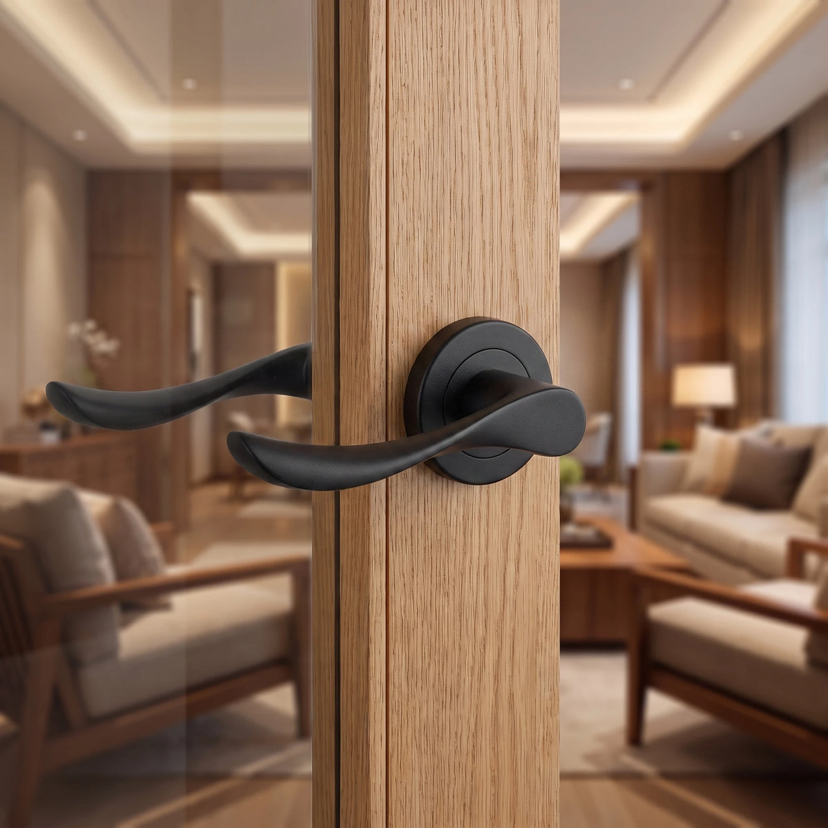 Nimbus Matt Black Door Lever Handles – fitted on an interior door in a styled room setting 3