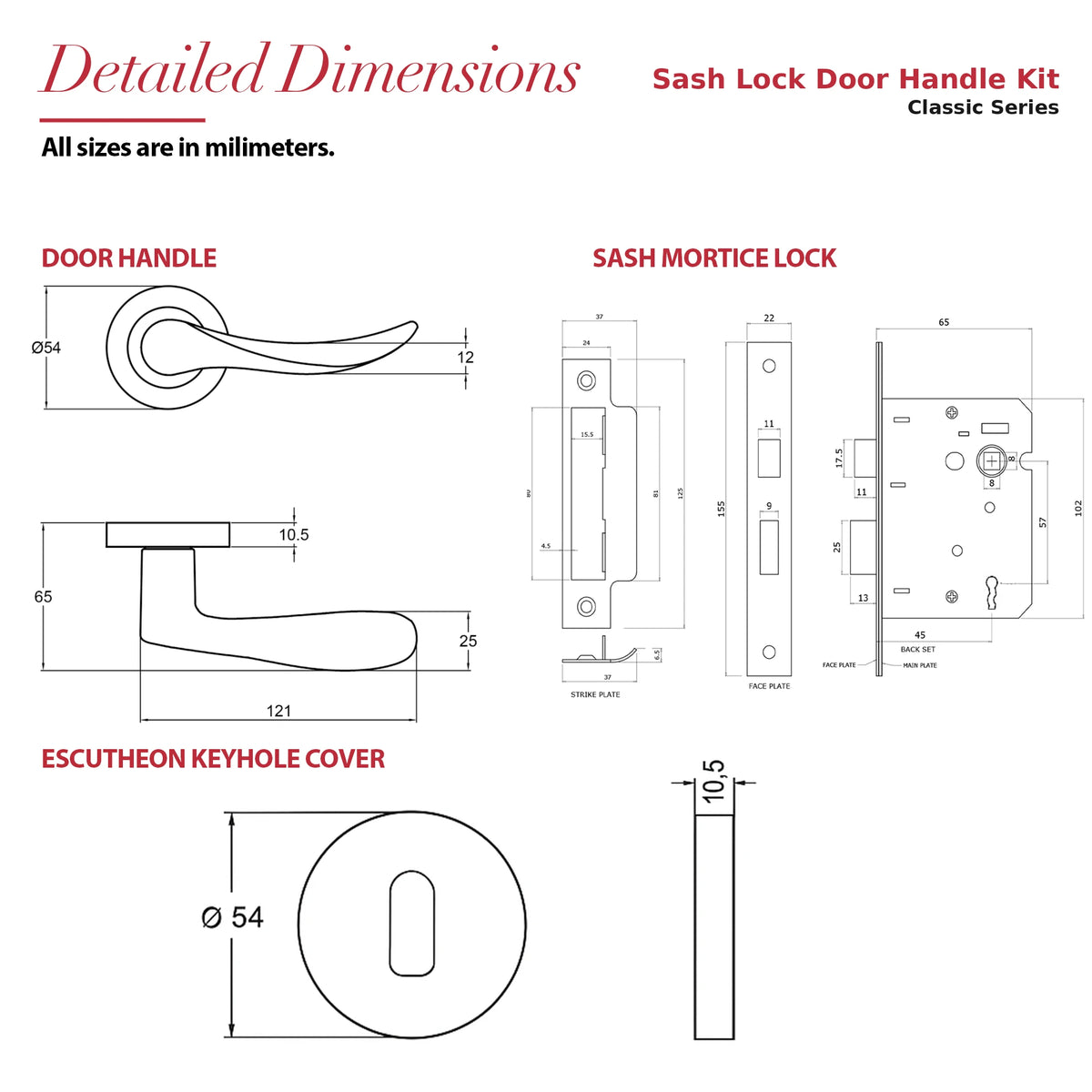 Nimbus Matt Black Privacy Door Lever Handles – dimensions and measurements diagram