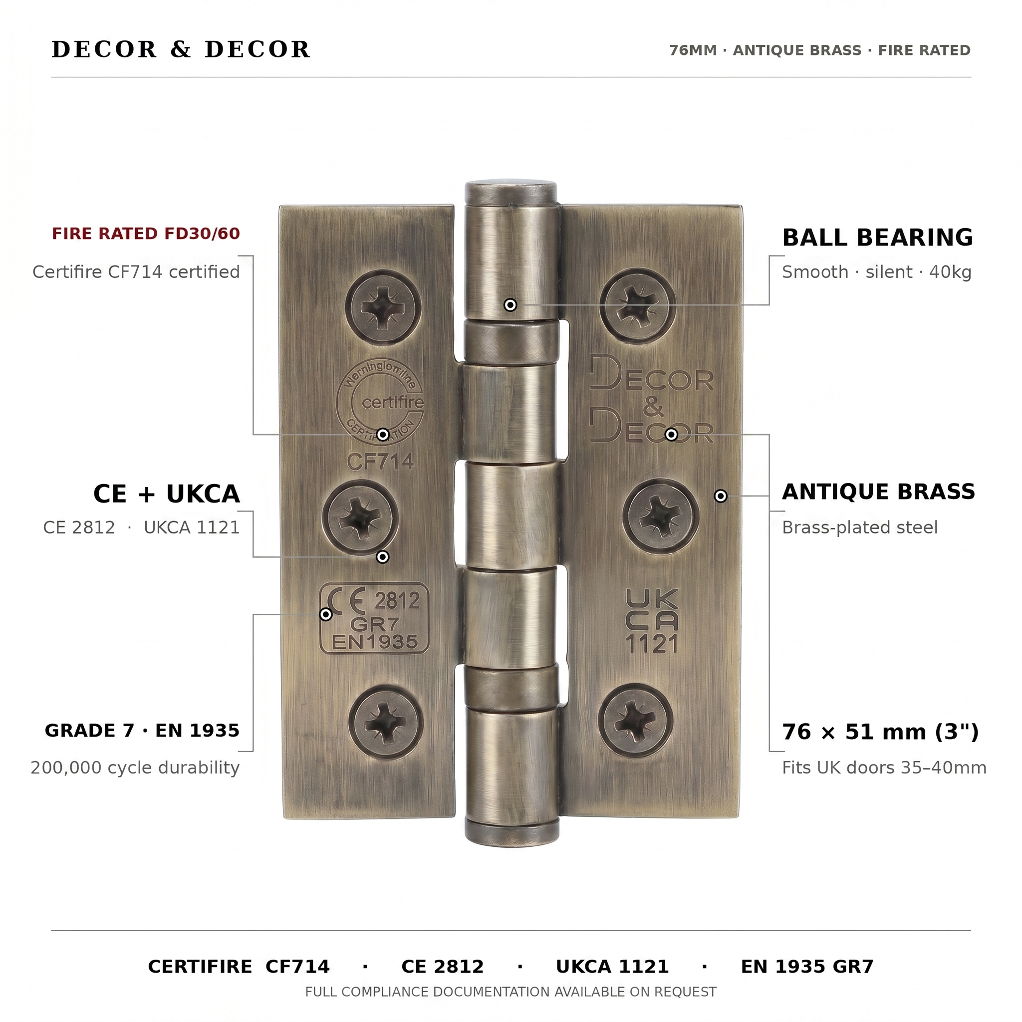 Ball Bearing Fire Rated Door Hinges - 76mm - Pair - Antique Brass - Door Hinges - View 3 | Decoranddecor