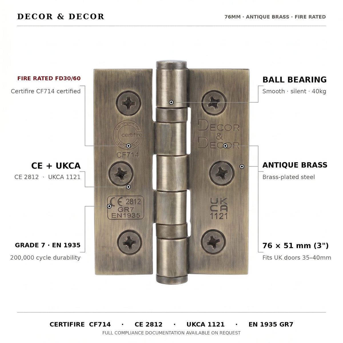 Ball Bearing Fire Rated Door Hinges - 76mm - Pair - Antique Brass – view 3