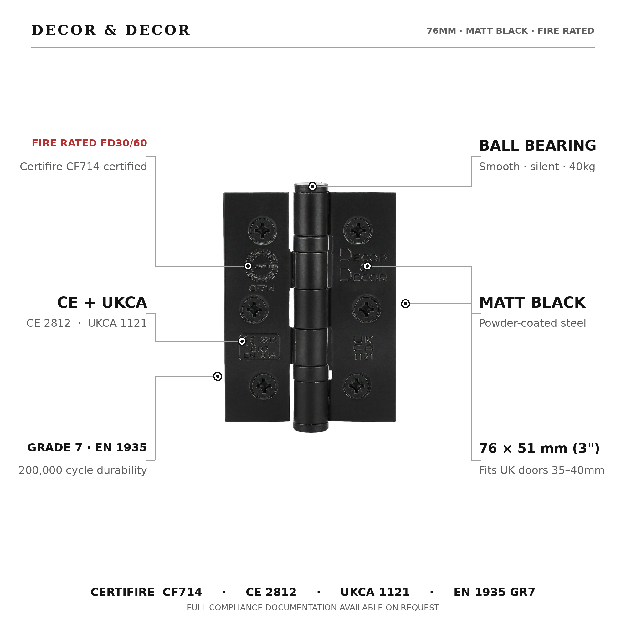 Ball Bearing Fire Rated Door Hinges - 3inch / 76mm - Matt Black - 4 Pairs