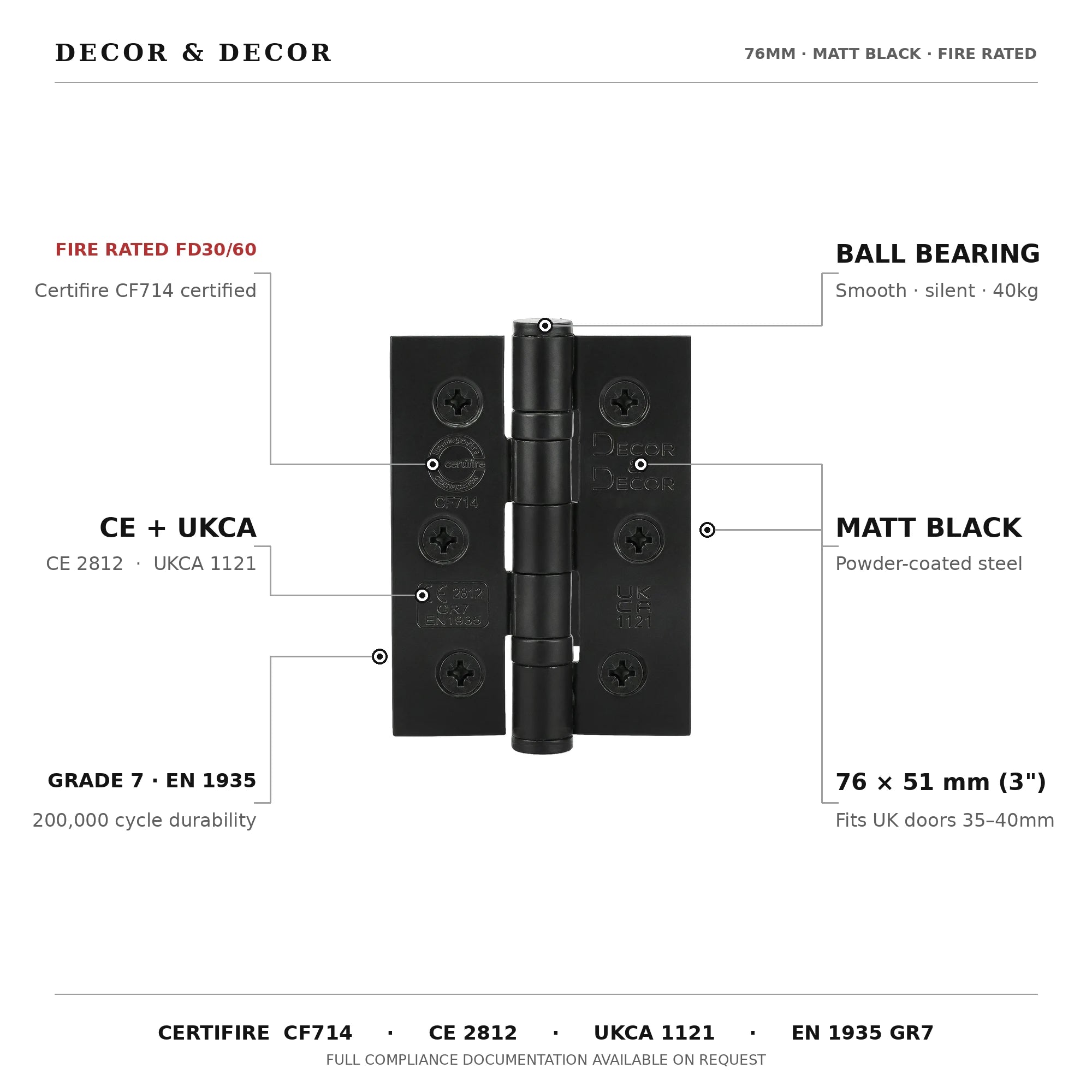 Ball Bearing Fire Rated Door Hinges - 76mm - Pair - Matt Black – view 4