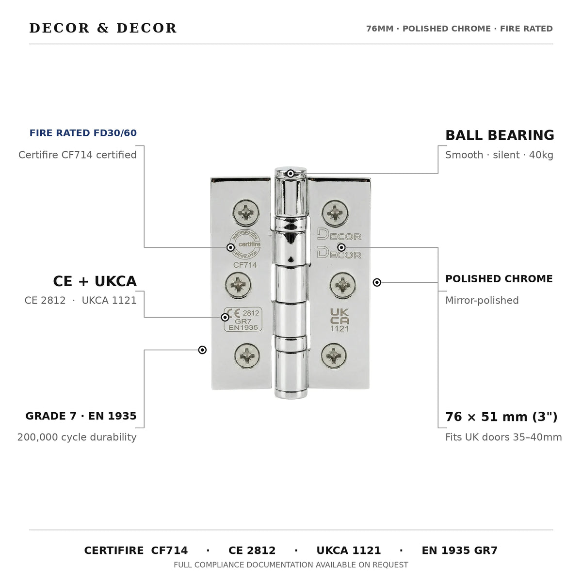 Ball Bearing Fire Rated Door Hinges - 76mm - Pair -  Polished Chrome – view 4