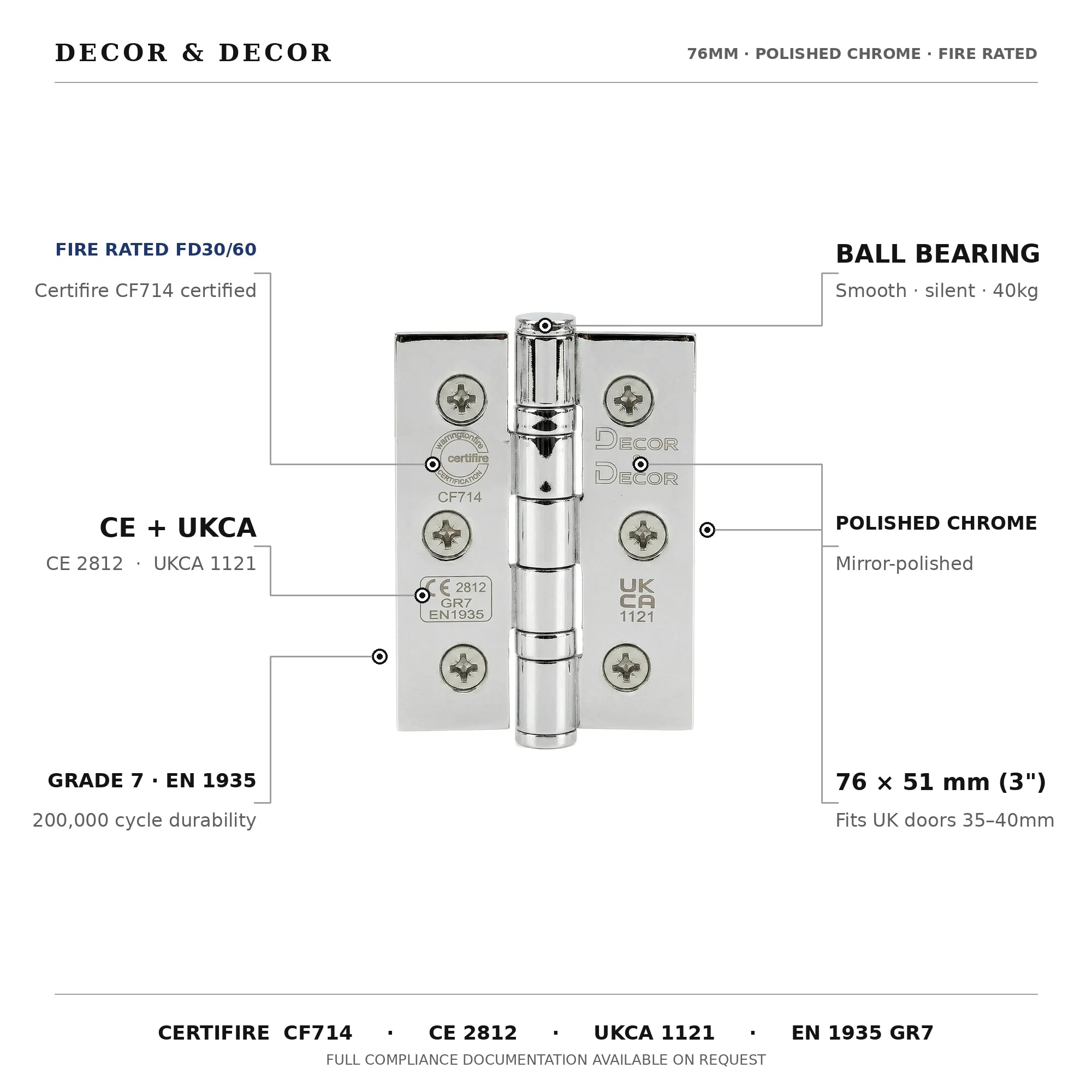 Ball Bearing Fire Rated Door Hinges - 76mm - Pair -  Polished Chrome – view 4