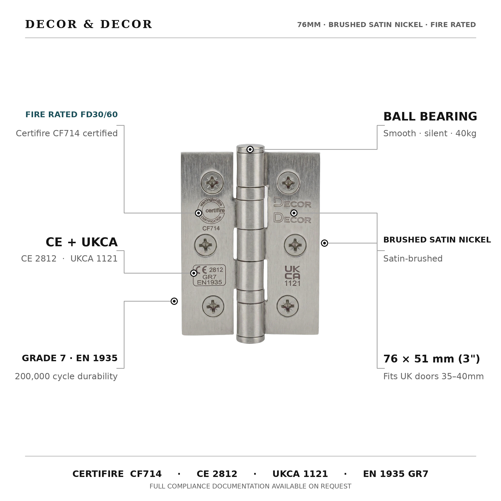 Ball Bearing Fire Rated Door Hinges - 76mm - Pair - Satin Nickel