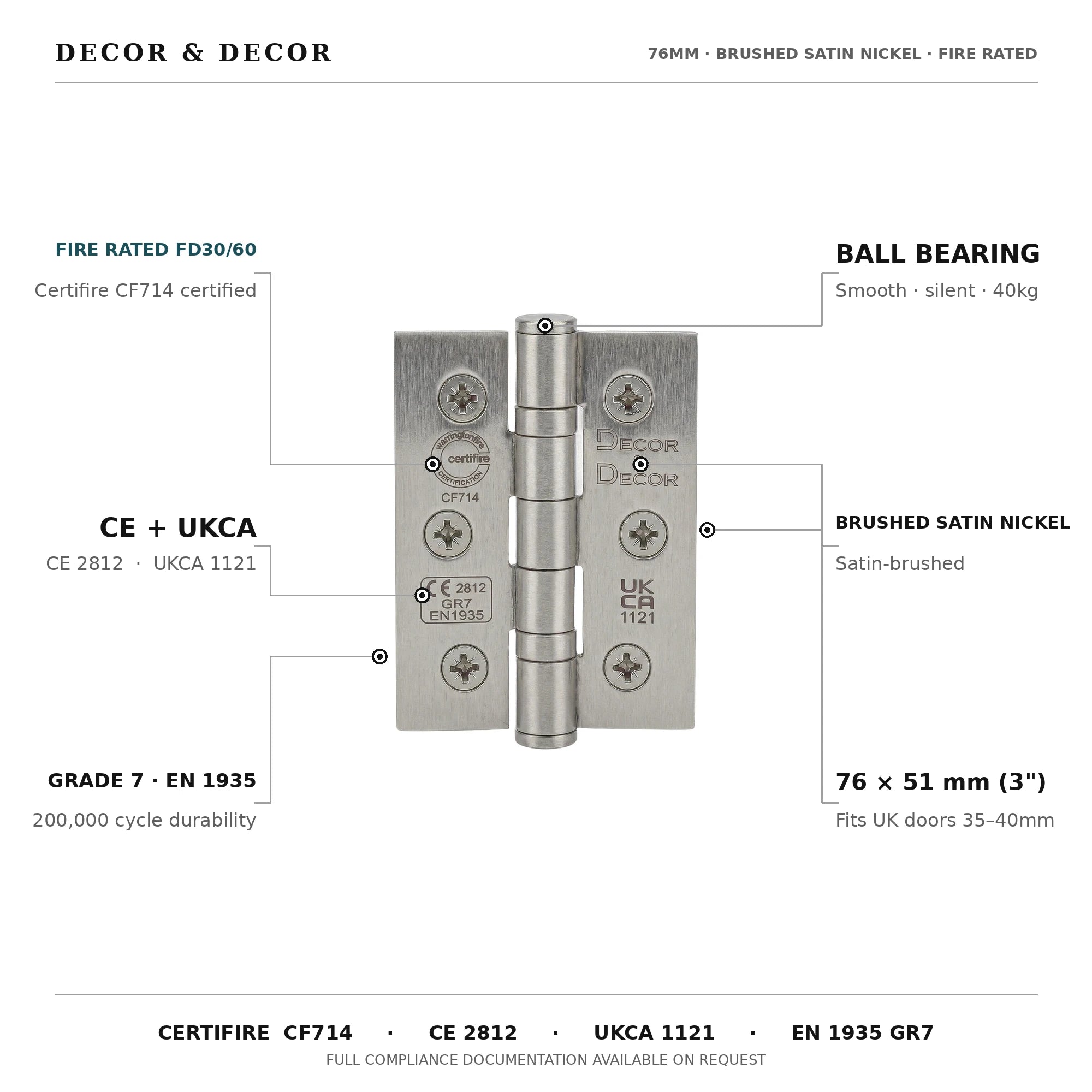 Ball Bearing Fire Rated Door Hinges - 76mm - Pair - Satin Nickel – view 4