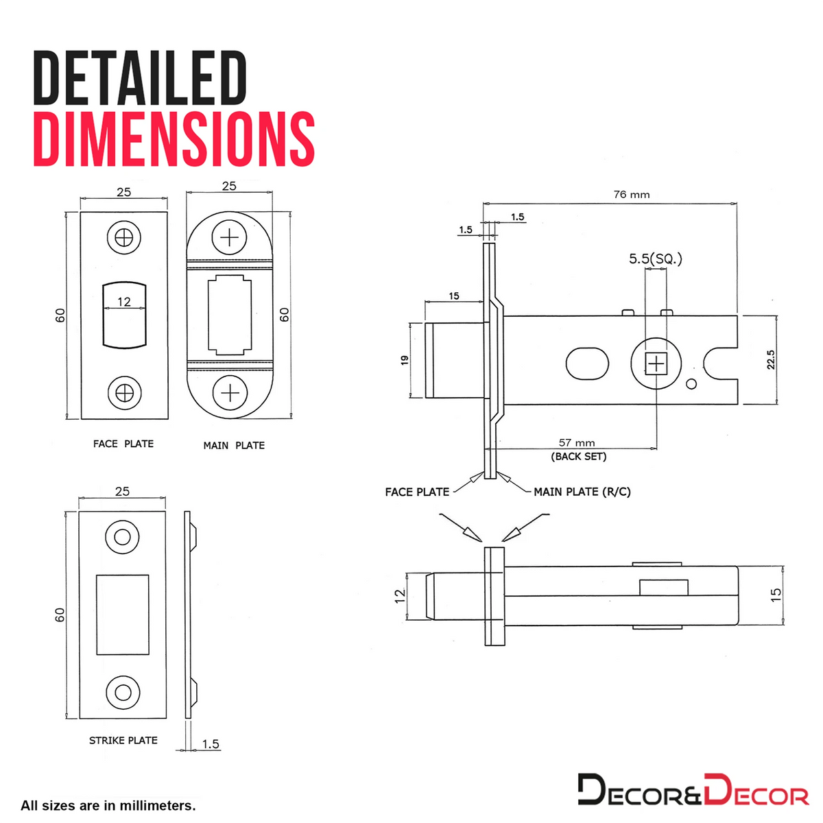 Fire Rated Tubular Mortice Deadbolt and Square Bathroom Turn And Release Thumbturn - Matt Black – view 5