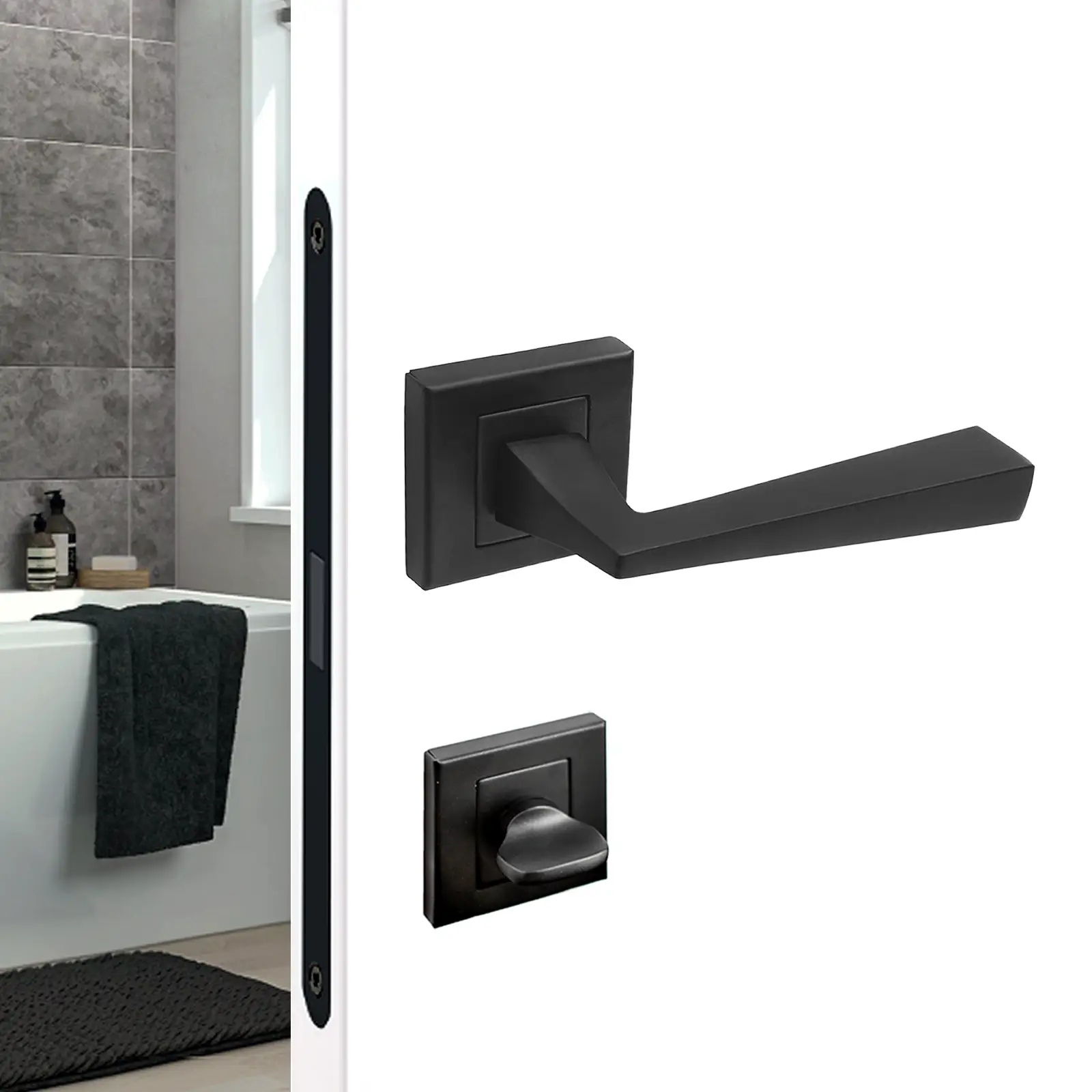 Helix Matt Black Bathroom Door Lever Handles - Bathroom Kit Set - Decor And Decor