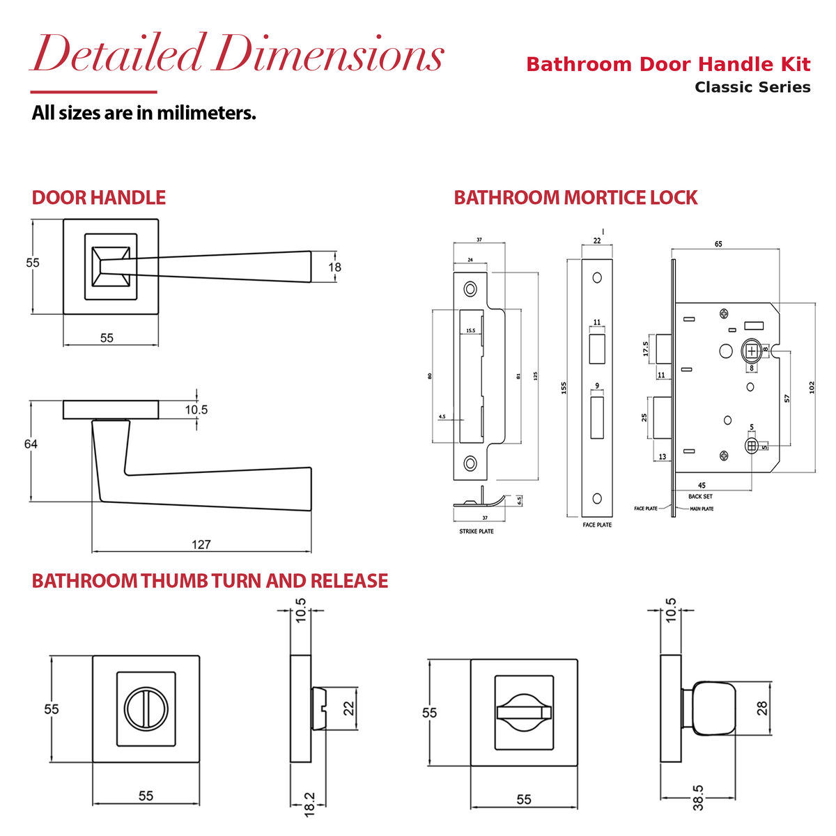 Helix Matt Black Bathroom Door Lever Handles – dimensions and measurements diagram