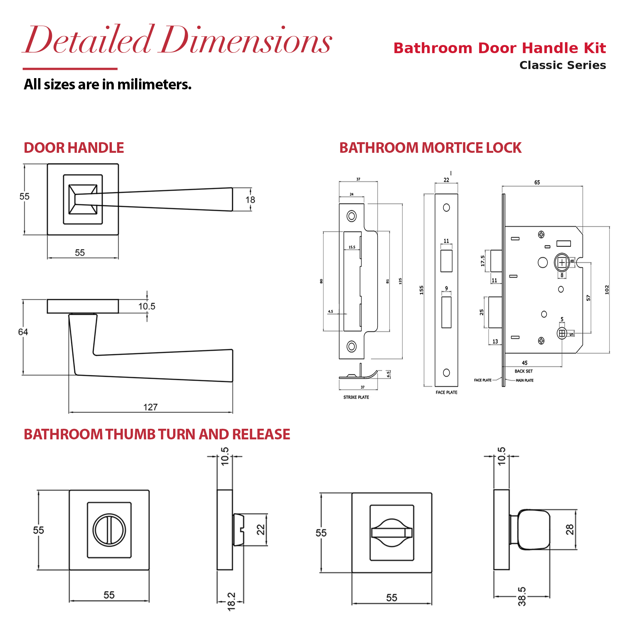 Helix Matt Black Bathroom Door Lever Handles – dimensions and measurements diagram