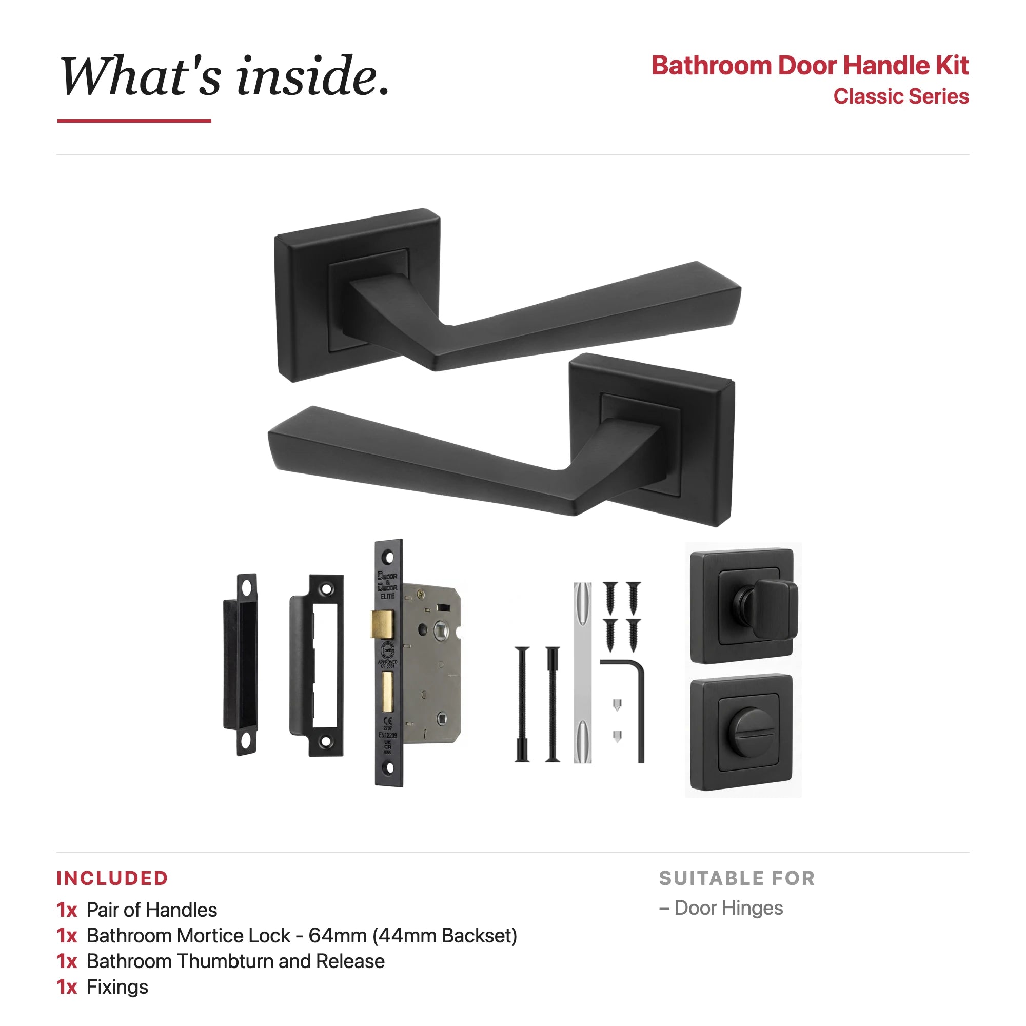 Helix Matt Black Bathroom Door Lever Handles – showing what's included in the box