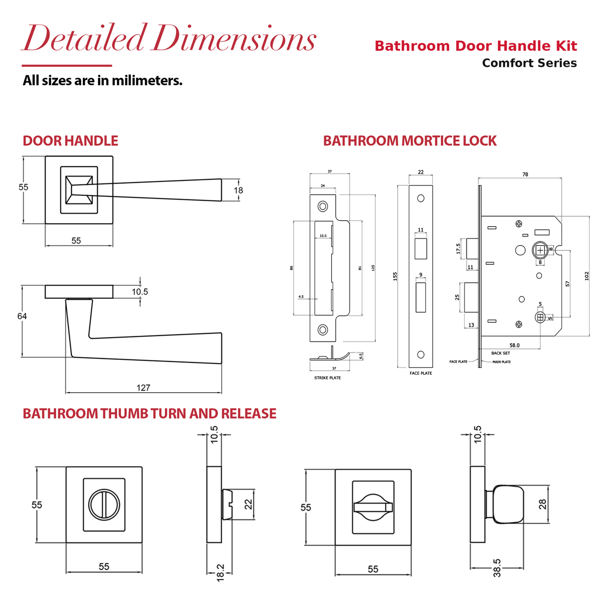 Helix Matt Black Bathroom Door Lever Handles – dimensions and measurements diagram