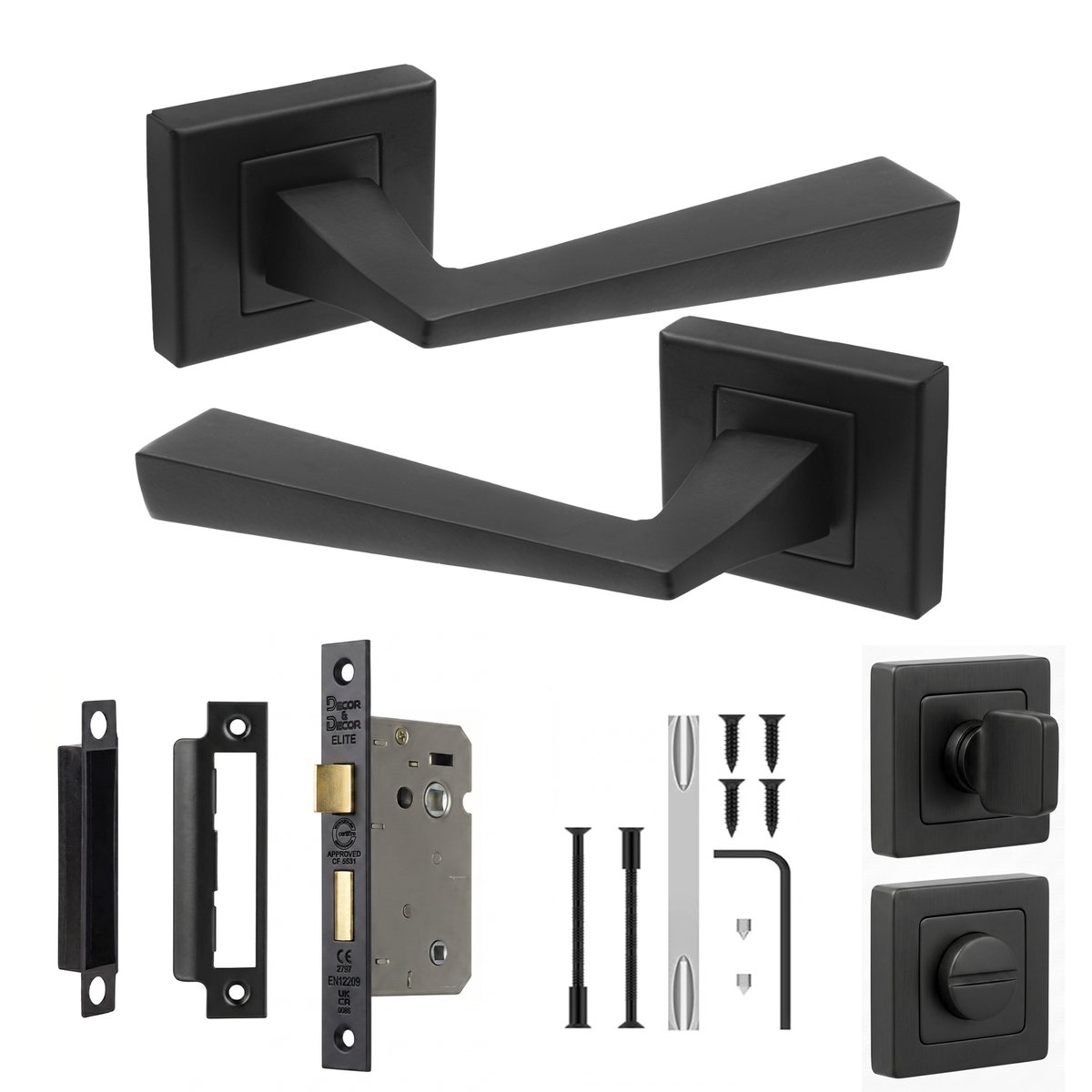 Helix Matt Black Bathroom Door Lever Handles - Bathroom Kit 76mm