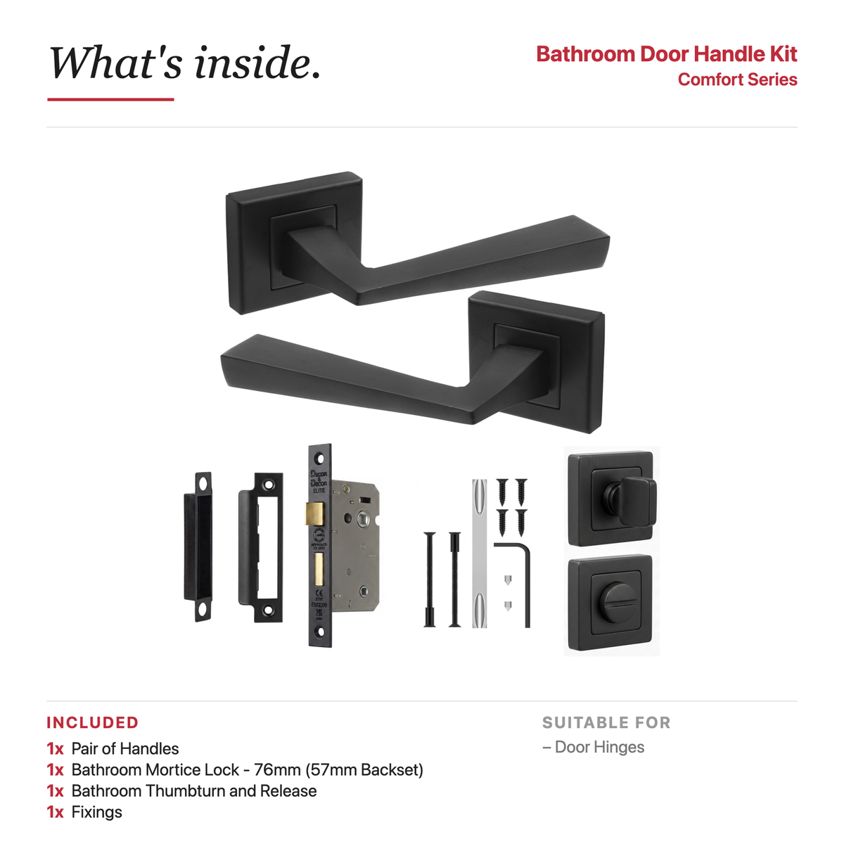 Helix Matt Black Bathroom Door Lever Handles – showing what's included in the box