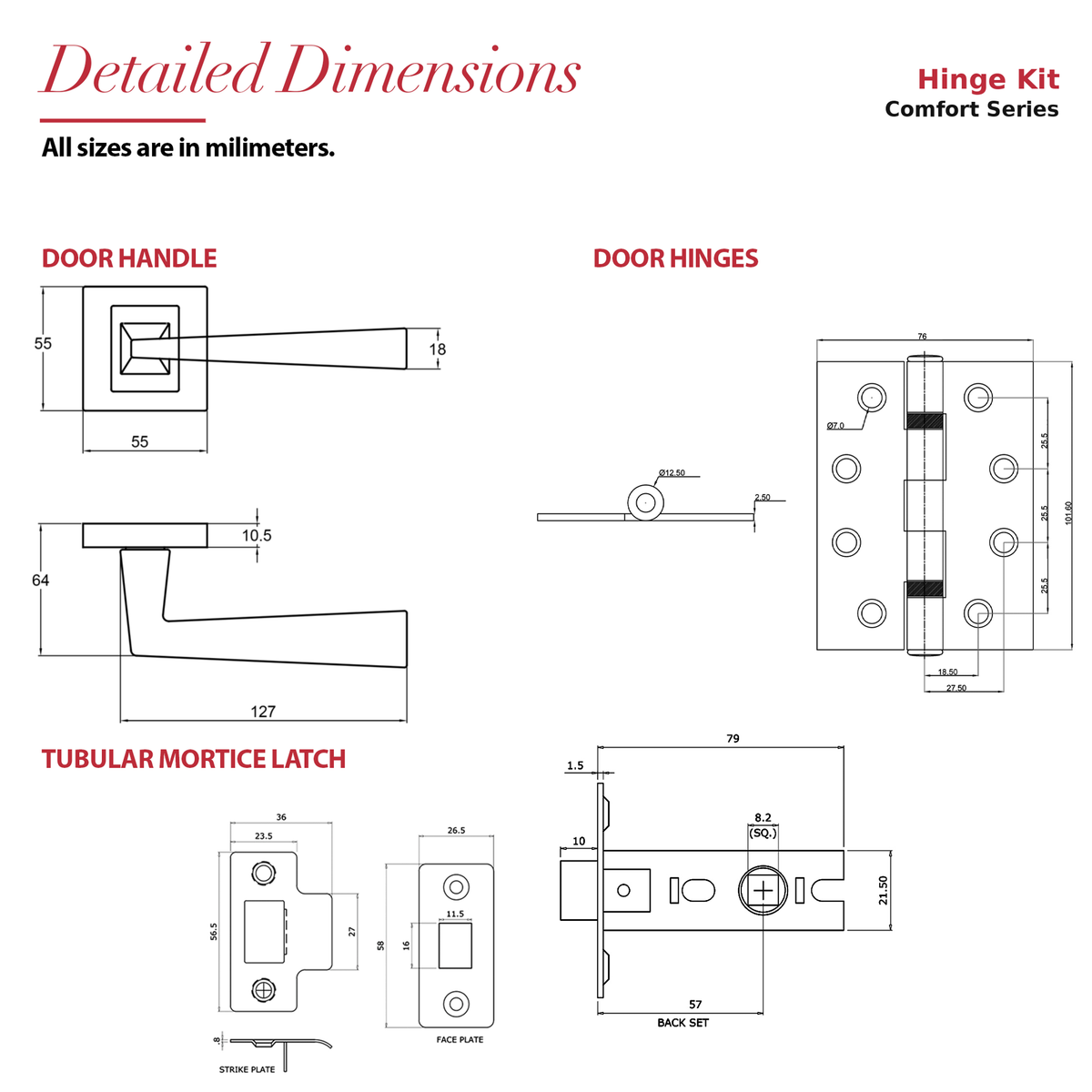 Helix Matt Black Passage Door Lever Handles – dimensions and measurements diagram