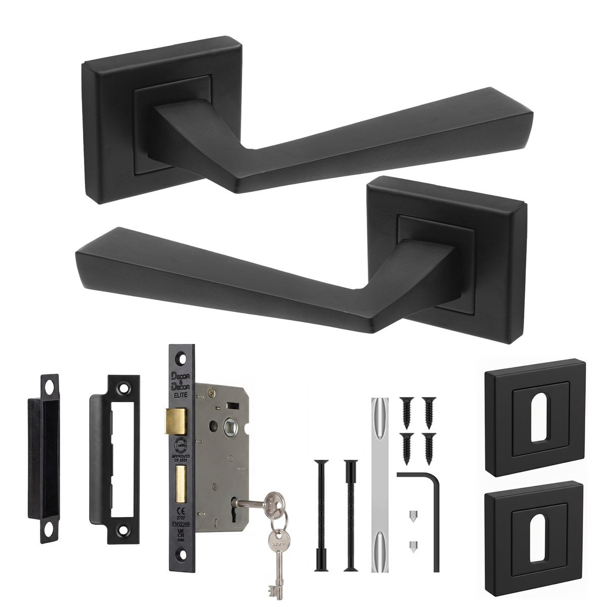 Helix Matt Black Privacy Door Lever Handles - Sash Lock Kit 76mm