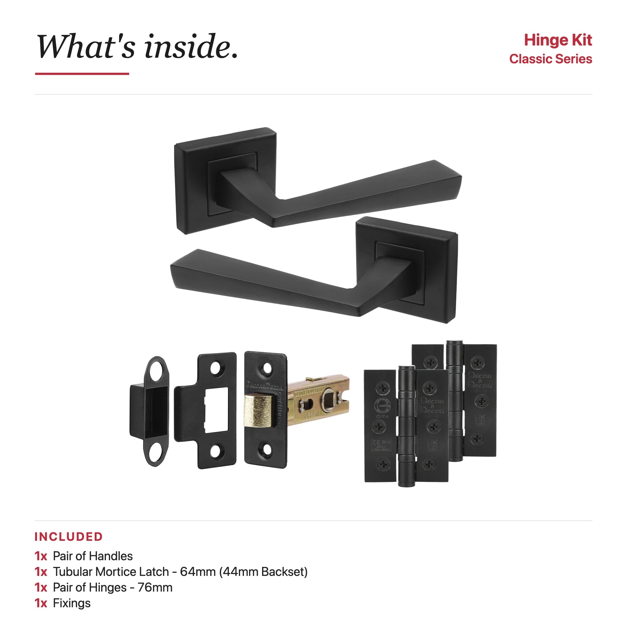 Helix Matt Black Passage Door Lever Handles- Latch And Hinge Set – showing what's included in the box