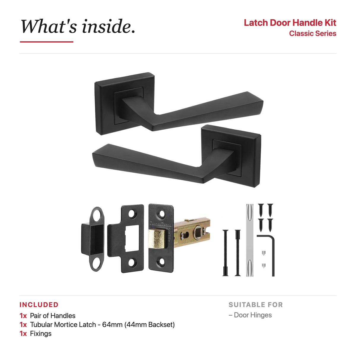 Helix Matt Black Passage Door Lever Handles- Latch Kit Set – showing what's included in the box