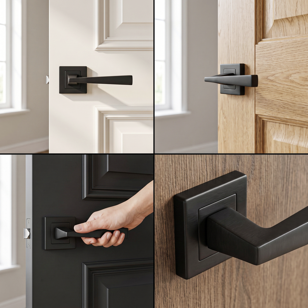 Helix Matt Black Passage Door Lever Handles – fitted on an interior door in a styled room setting