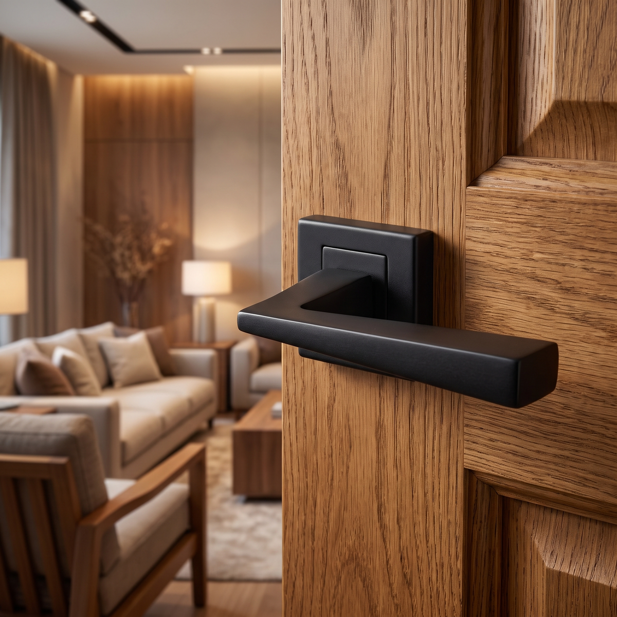 Helix Matt Black Door Lever Handles – fitted on an interior door in a styled room setting 2