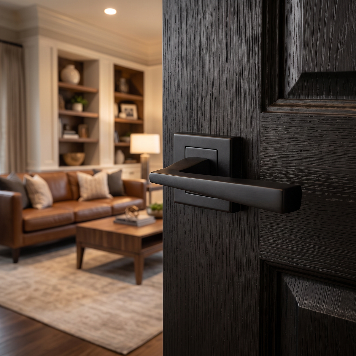 Helix Matt Black Door Lever Handles – fitted on an interior door in a styled room setting 3