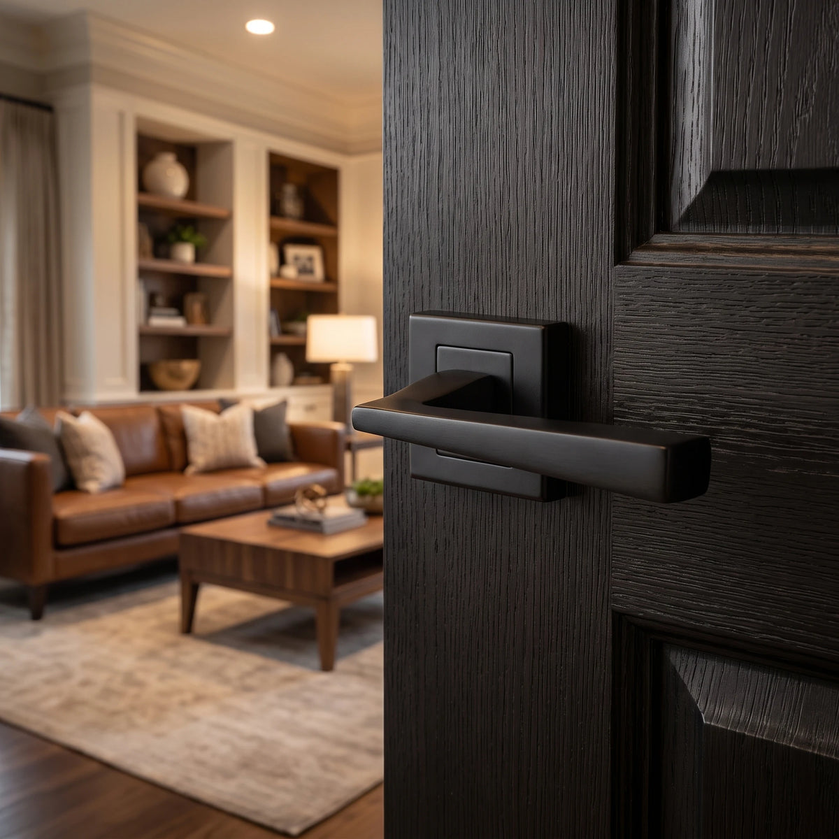 Helix Matt Black Door Lever Handles – fitted on an interior door in a styled room setting 3