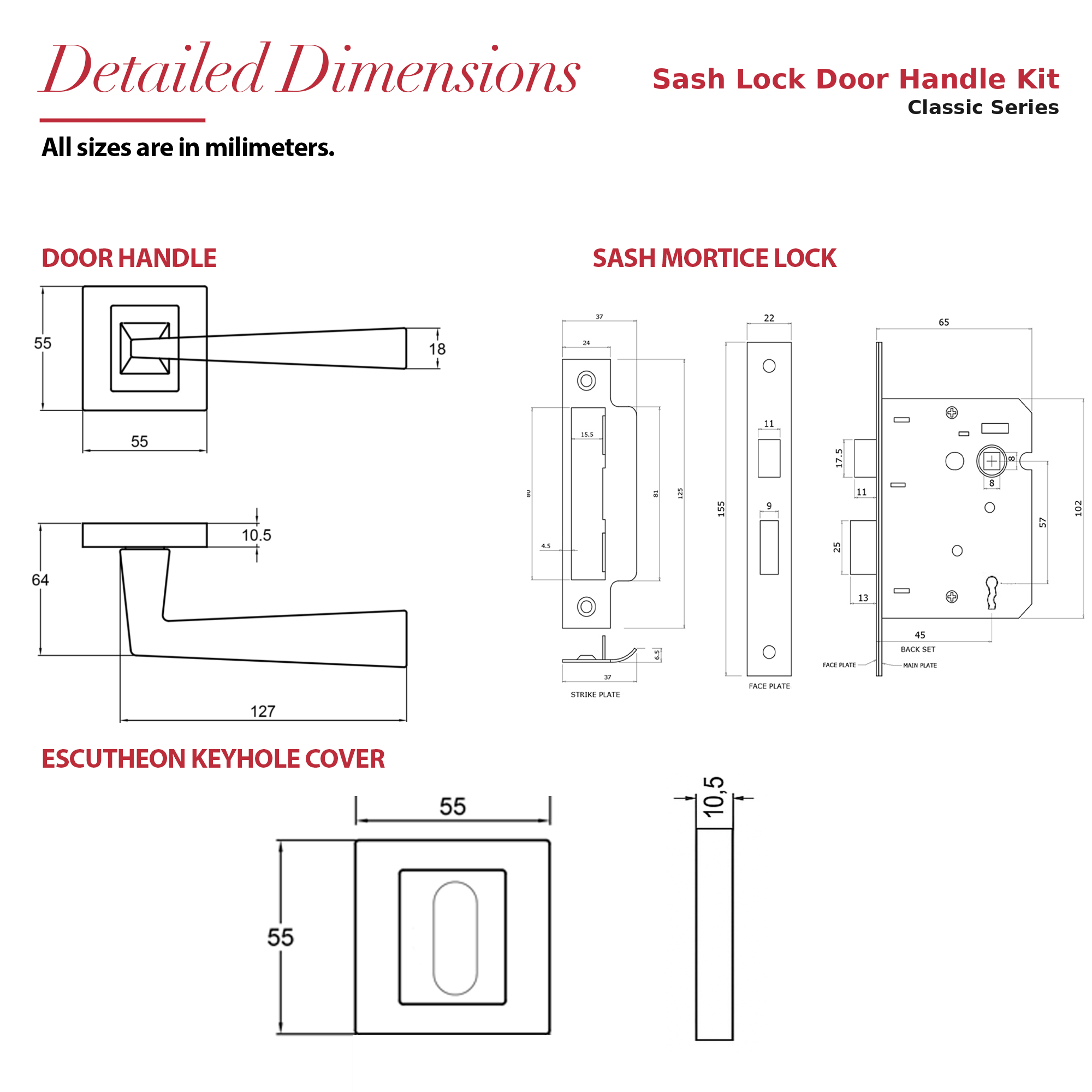 Helix Matt Black Privacy Door Lever Handles – dimensions and measurements diagram